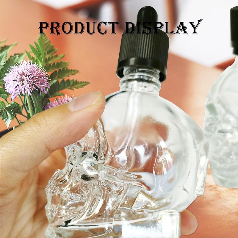 MINELEVEN 2 pcs Set 2OZ Transparent/Black Skull Glass Dropper Bottle Leakproof Essential Oils Bottle for Storage and Travel (Transparent, 2 OZ) - Image 2